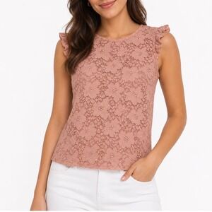 STOP Blush Pink Floral Lace Ruffle Sleeveless Blouse Top L